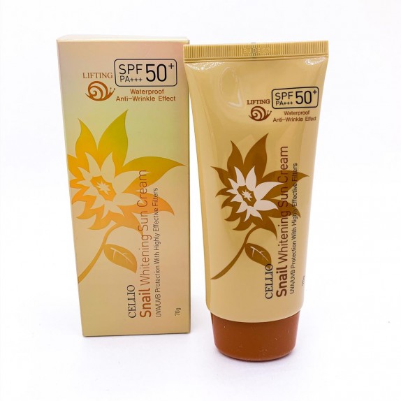 Заказать онлайн Cellio Водостойкий солнцезащитный крем c муцином улитки  Snail Whitening Sun Cream SPF50+/PA+ в KoreaSecret
