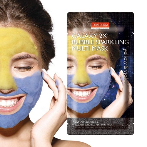 Заказать онлайн PUREDERM Пузырьковая мультимаска желто-фиол. Galaxy 2X Bubble Sparkling Multi Mask Yellow & Violet в KoreaSecret